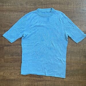 100 percent Silk Ribbed Mock Neck Short Sleeve Top Blue M Lightweight Minimalist